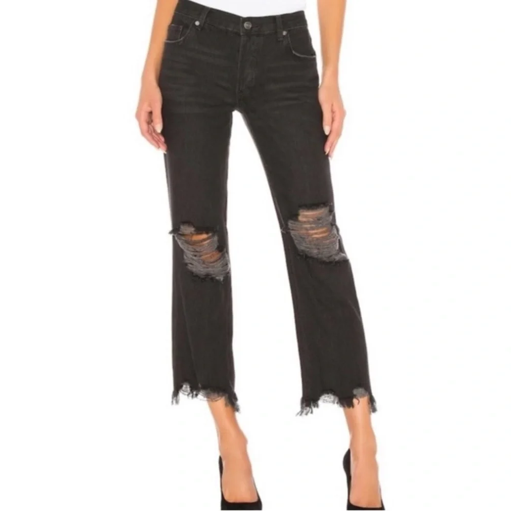 Free People Maggie Mid Rise Straight Leg Black Distressed Jeans
